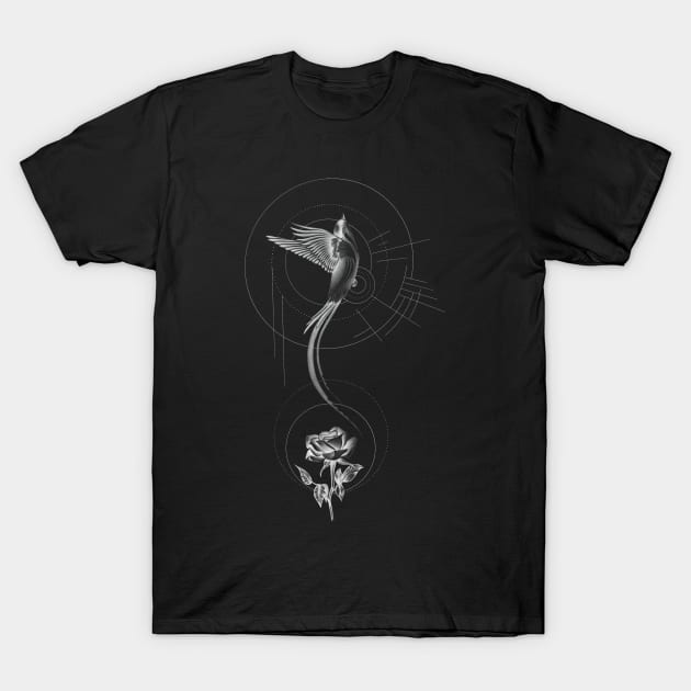 Beautiful Bird Flying with Rose and Geometrical Shapes T-Shirt by Tred85
